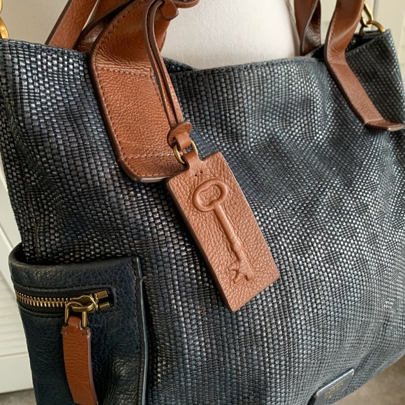 Fossil Emerson Satchel Purse Navy Blue Straw Leather Trim & Straps Crossbody Bag - Picture 3 of 14